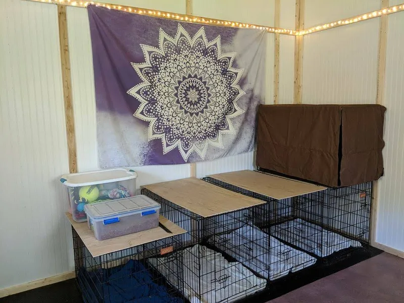 The indoor kennel room with crates made up and ready
