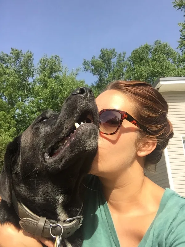 Sarah greeting a boarded dog on the property